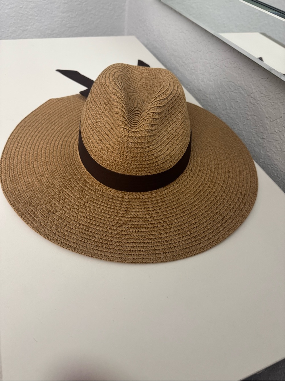 Vince Camuto Wide-Brim Straw Hat with Dark Ribbon - Tan